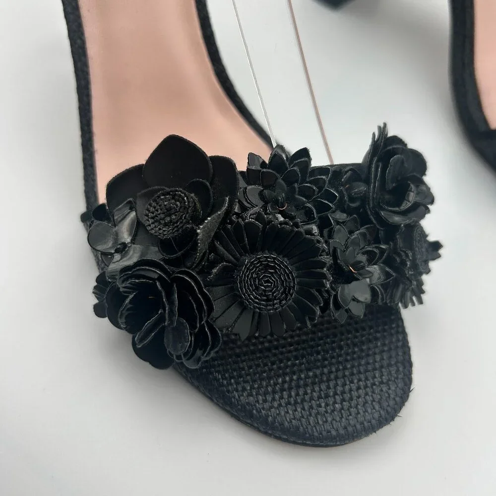 Kate Spade Obelia Floral Appliqué Block Heel Sandals Black Size 8.5 - Picture 2 of 4